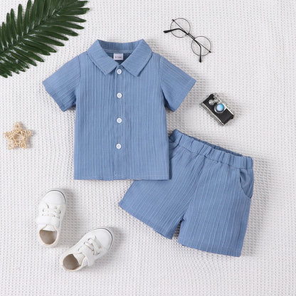 Conjunto de Verão para Menino - Camisa de Manga Curta e Calções em Tecido Jacquard