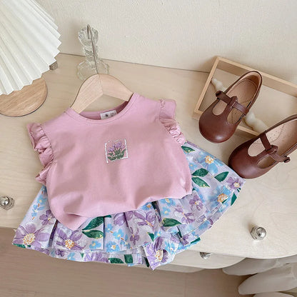 Conjunto Infantil de Verão - Top Sem Mangas com Estampado Floral e Calções