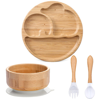 1pcs/3pcs Wooden Feeding Tableware Sets Baby Feeding Bowl Bamboo Non-slip Waterproof Fork Spoon for kids Baby Wooden Plate