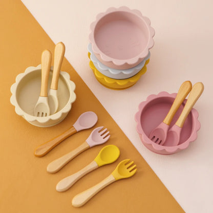 Conjunto de Alimentação Infantil 3 em 1 - Taça, Colher e Garfo em Silicone com Design de Animais