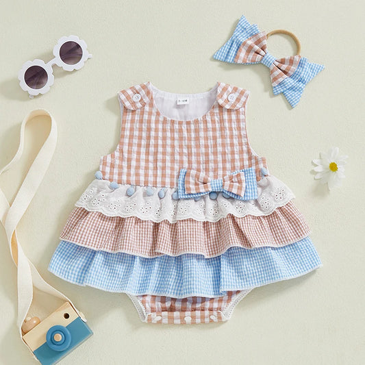 Conjunto de Verão para Bebé Menina – Vestido Macacão Sem Mangas com Padrão aos Quadrados e Faixa com Laço