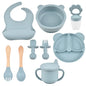 9pce/Set Children's Silicone Tableware Set Baby Adjustable Bib Divided Plate Drinking Cup Baby Suction Cups Bowl And Spoon Fork