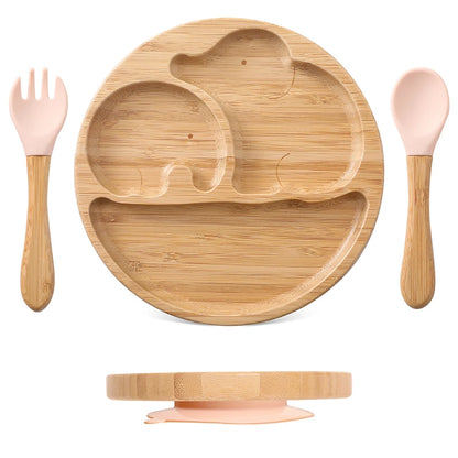 1pcs/3pcs Wooden Feeding Tableware Sets Baby Feeding Bowl Bamboo Non-slip Waterproof Fork Spoon for kids Baby Wooden Plate