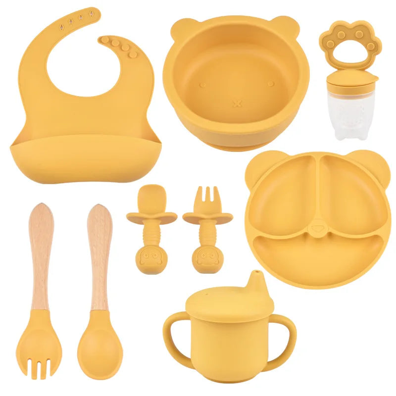 9pce/Set Children's Silicone Tableware Set Baby Adjustable Bib Divided Plate Drinking Cup Baby Suction Cups Bowl And Spoon Fork