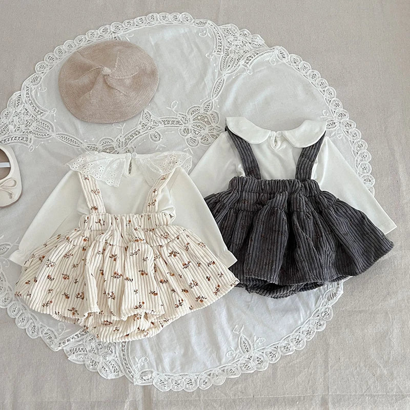 Conjunto para Bebé Camisa Casual com Gola com Body Vestido Floral