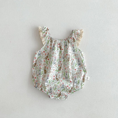 Macacão de Verão para Bebé Menina - Estampado Floral com Coelhinho