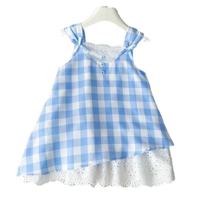 Vestido de Alças para Menina com Renda e Padrão aos Quadrados