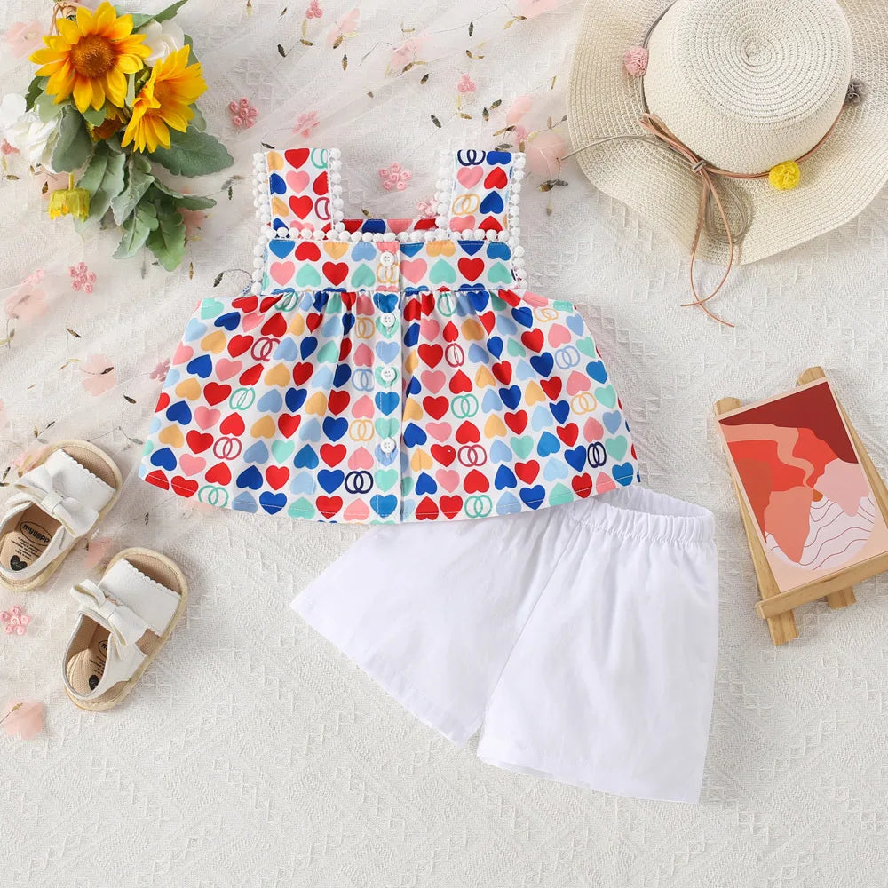Conjunto de Verão – Top Sem Mangas com Corações 4 Calções Lisos