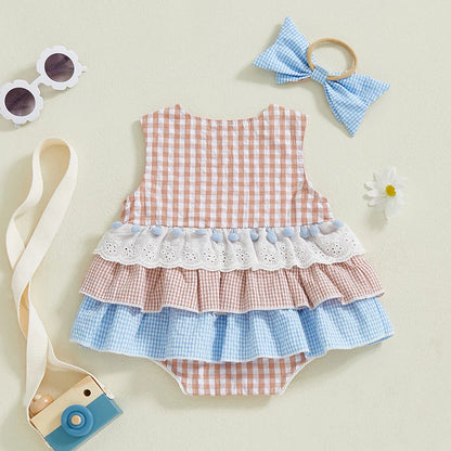 Conjunto de Verão para Bebé Menina – Vestido Macacão Sem Mangas com Padrão aos Quadrados e Faixa com Laço