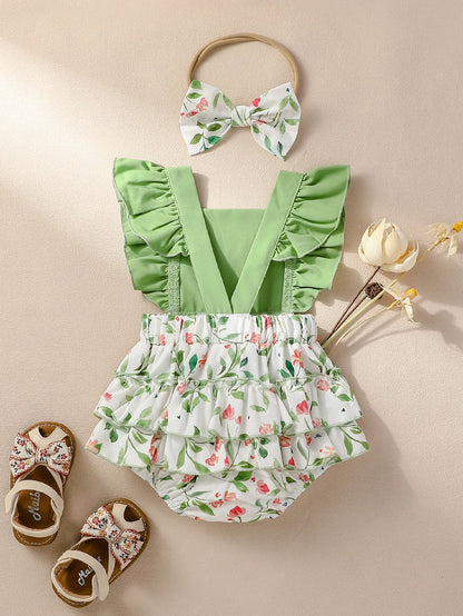 Conjunto de Verão 2 Peças para Bebé Menina – Fato-Macaco Floral e Faixa