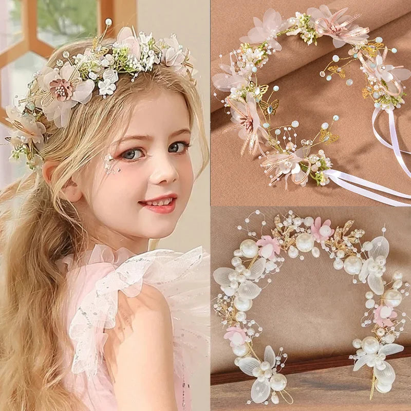 Tiara Floral com Pérolas e Cristais para Crianças
