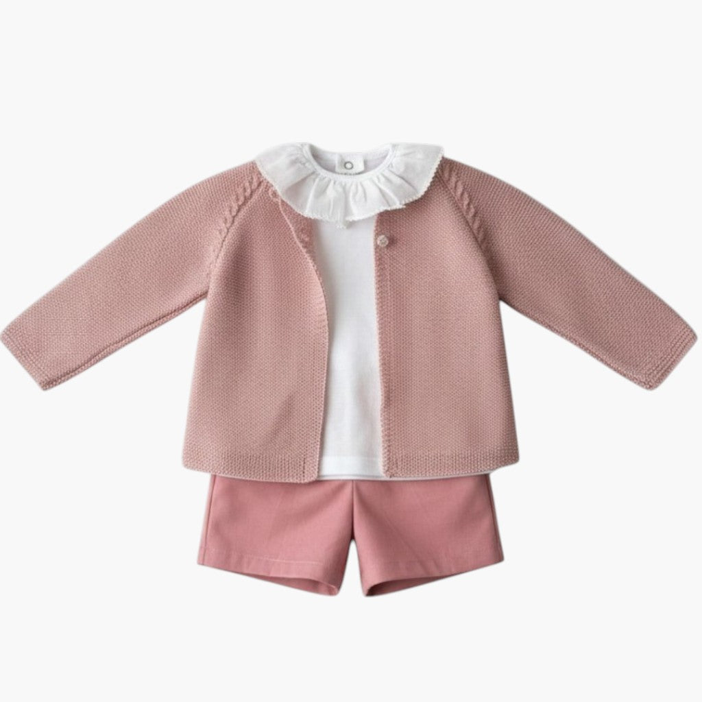 Conjunto de 3 Peças – Casaco de Malha Rosa com Calções