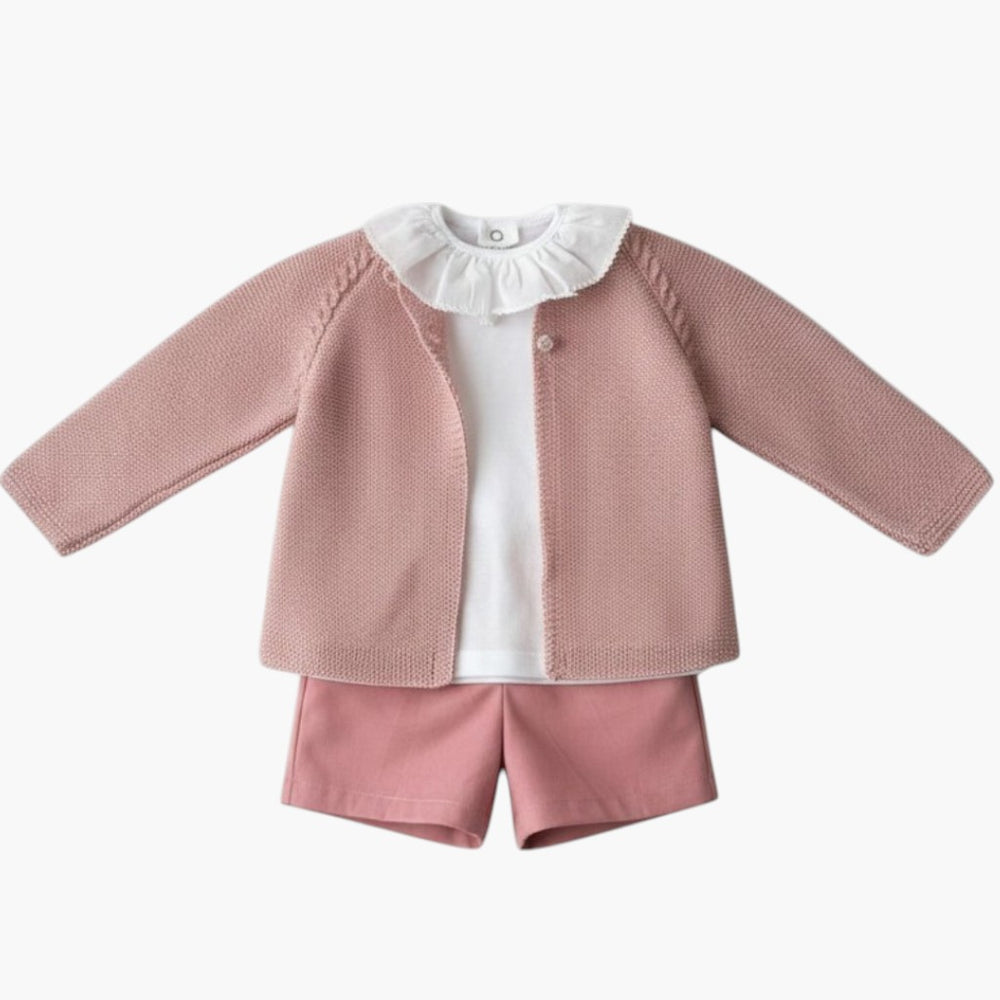 Conjunto de 3 Peças – Casaco de Malha Rosa com Calções