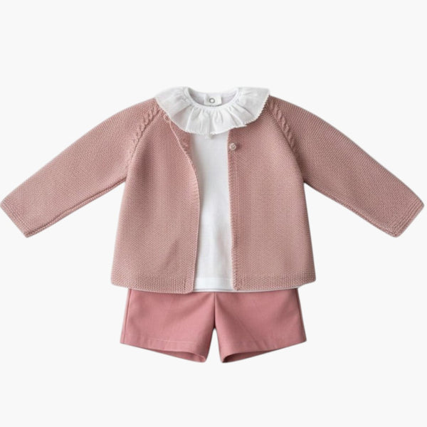 Conjunto de 3 Peças – Casaco de Malha Rosa com Calções